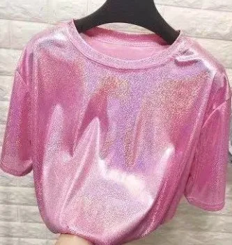 B3891 летняя новинка Женская модная повседневная свободная футболка с круглым вырезом и блестящими светоотражающими короткими рукавами - Цвет: Розовый