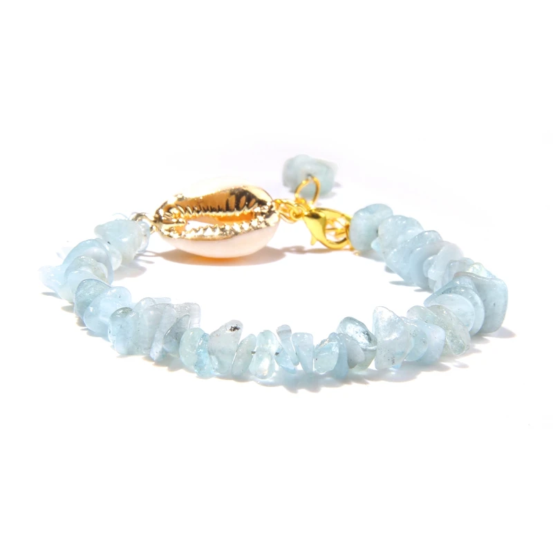 

Semiprecious Aquamarines Chip Stone Bracelets Women Hawaii Style Sea Beach Gold Shell Pendant Bangle Blue Pulsera For Women