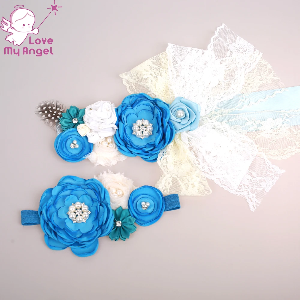 

1set Baby girl flower sash blue white satin feather lace flower sash with headband for kids mom maternity baby shower sash