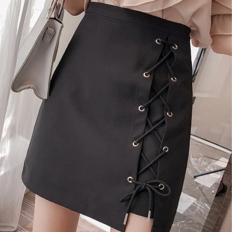 

Korean Style Plus Size Spring Summer High Waist Women Skirt Fashionable Solid Color Black A Word Lack Up Decoration Ladies Skirt