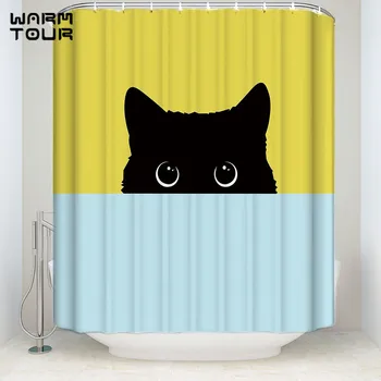 

Bath Shower Curtains Cartoon Funny Cat Welcome Mildew-resistant Bathroom Decor Sets with Hooks Yellow Blue Black72 x 96"