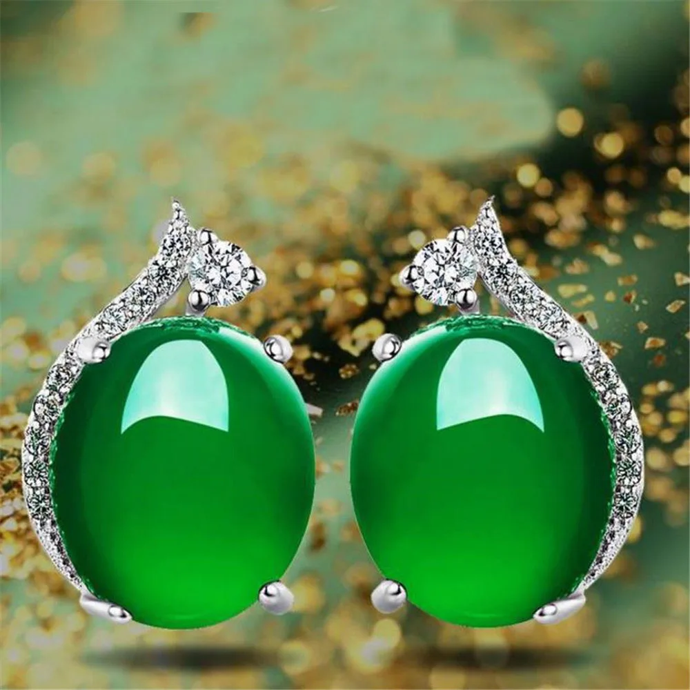 

YKNRBPH New Product 925 Pure Silver Stud Earrings Natural Green Chalcedony Fashion Simple Silver Jewelry