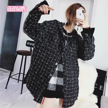 Золотой шелк блёстки твид рубашка в клетку осень г. новые свободные длинные черные для женщин Пальто Повседневное ветрозащитная