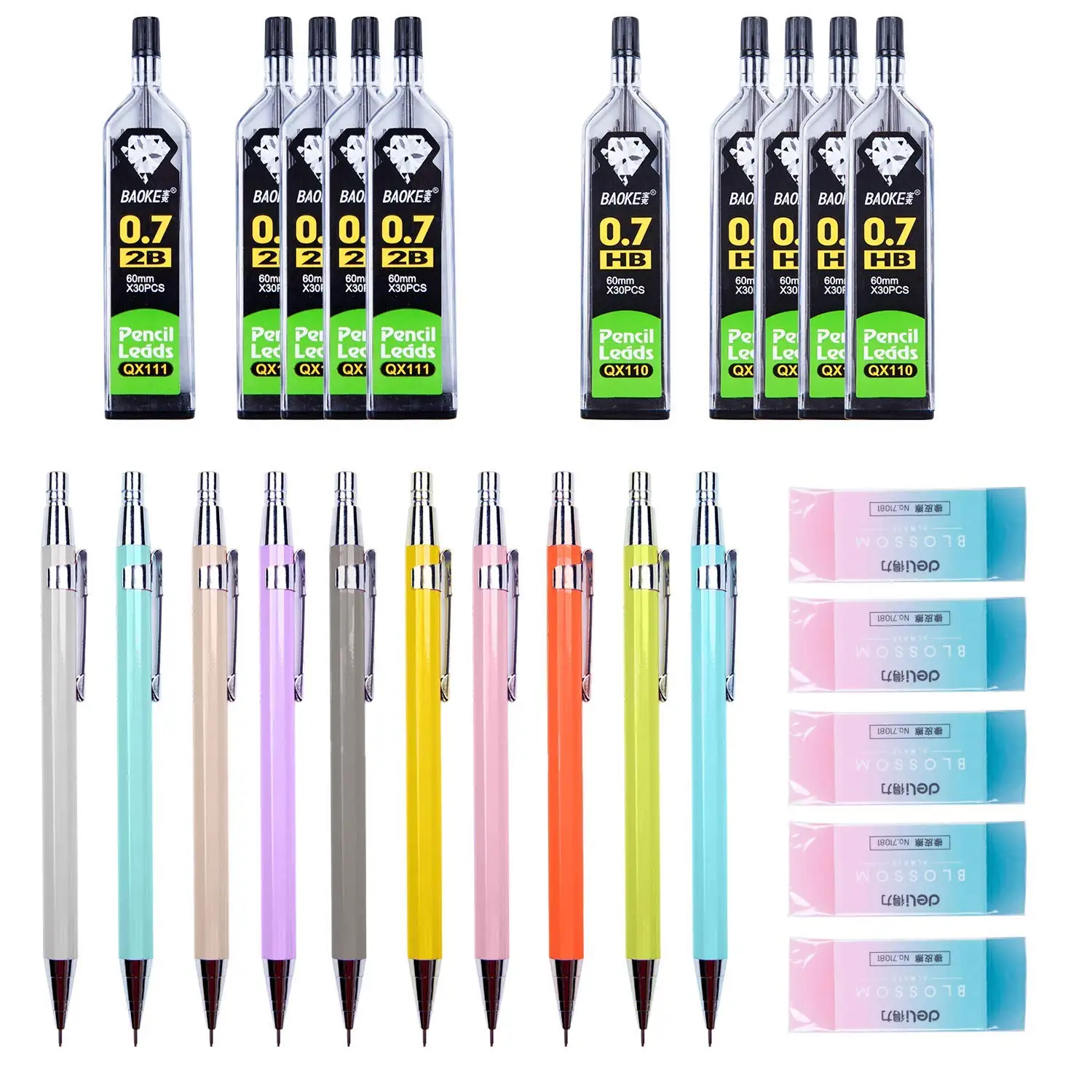 

25 Pieces Mechanical Pencil Set 10 Pieces 0.7 mm Mechanical Pencils and 10 Tubes Lead Refills 5 Soft Cube Pencil Rubber Erasers