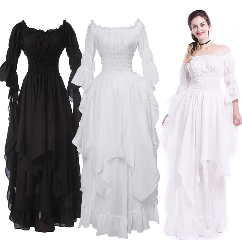 Women Medieval Dress Renaissance Vintage Style Gothic Dress Floor Length Women Cosplay Dresses Without Belt Medieval Dress Gown Plus Size Maxi Dress In Black and White