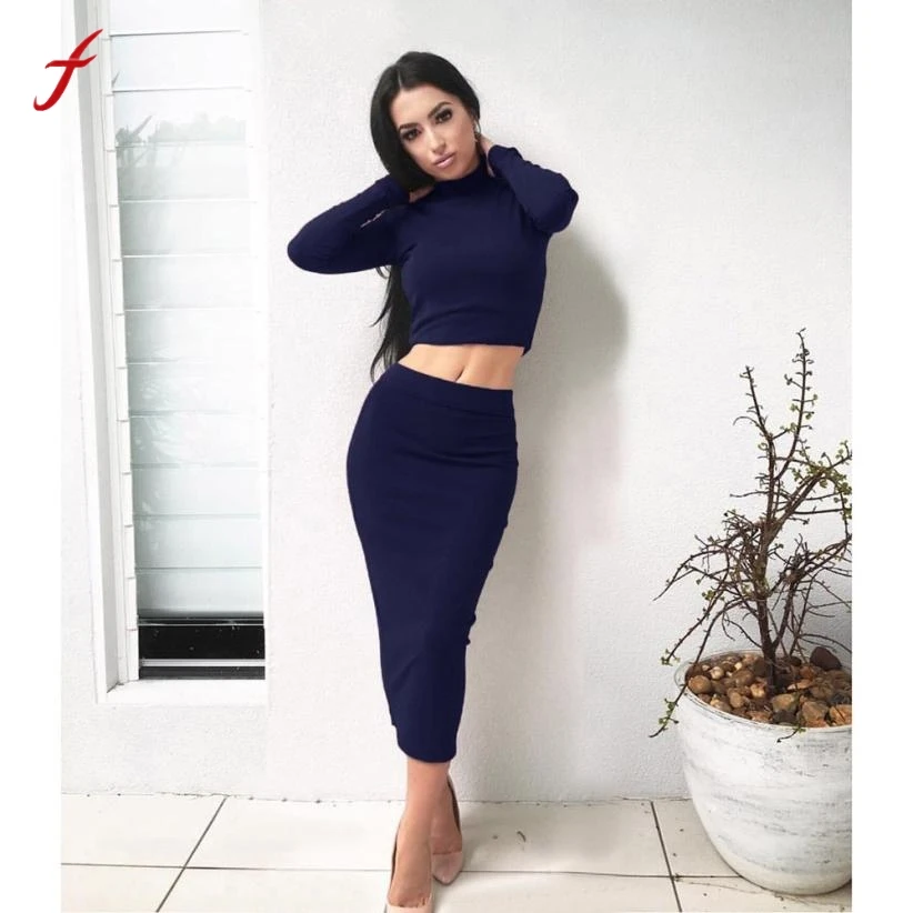 

Feitong Two Piece Set Sexy Fashion Casual Women Long Sleeve Bodycon Crop Top And Skirt Womens Winter Suit 2 Piece Set Women