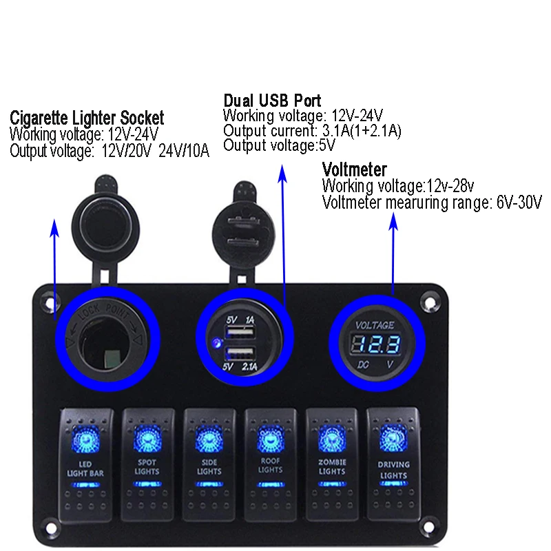 

Car Auto Boat Rocker Switch Panel Fuse Circuit Breaker 3.1A Dual USB Socket Digital Voltage 12V Blue LED Cigarette Lighter