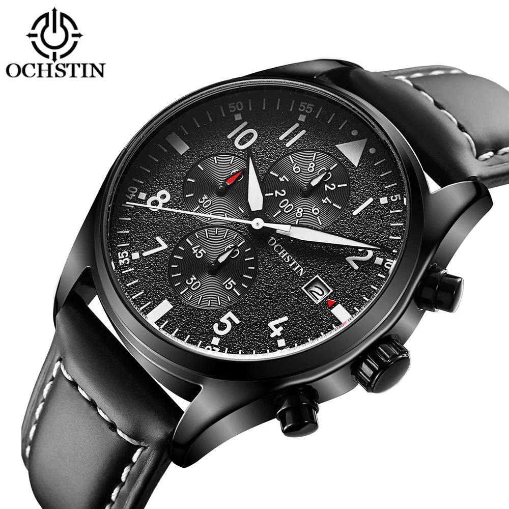 

OCHSTIN Luxury Quartz Man Watch 3ATM Water Resistant Fashion Analog Watch Genuine Leather Strap Wristwatch with Calendar