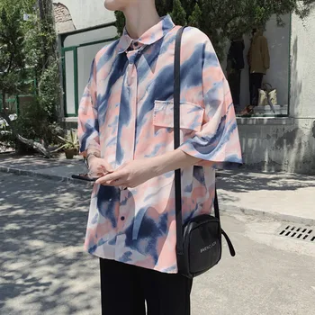

2019 Summer Male Korean Version Of The Loose Gradient Color Plus Tie Tide Cotton Casual Short-sleeved Shirt