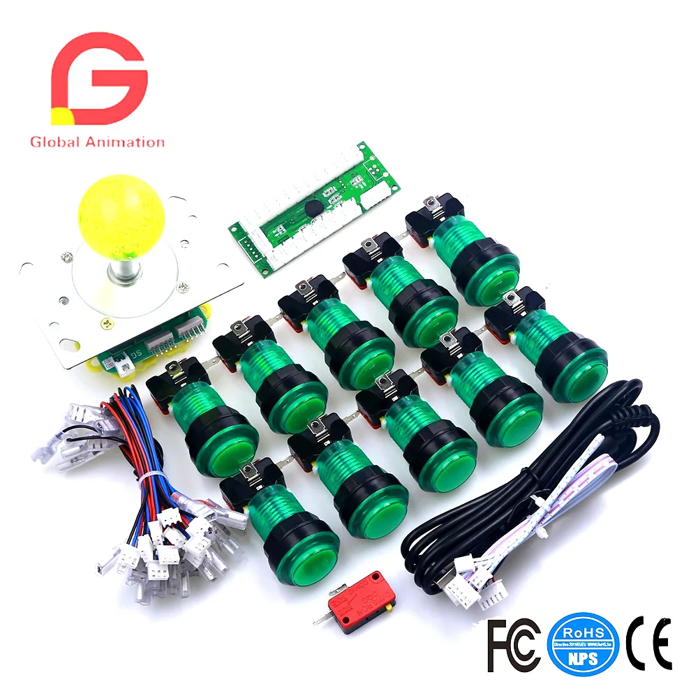 

DIY Arcade Games Replacement Part Kits LED USB Encoder Board PC 2/4/8 Way Joystick Wire Push Buttons Switch Cables - Green Sets