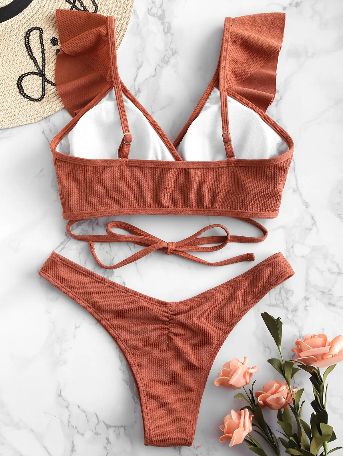 Billige ZAFUL Rippen Scrunch Butt Wrap Bikini Set Rüschen Tiefer Wrap Badeanzug Push Up Niedrigen Taille Frauen Bademode Sexy Badeanzug