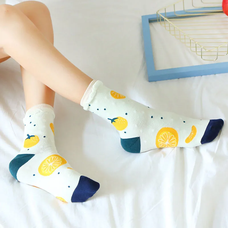 Urgot/5 пар, женские носки в японском Корейском стиле, милые Носки с рисунком фруктов, клубники, оранжевые женские хлопковые милые носки Meias