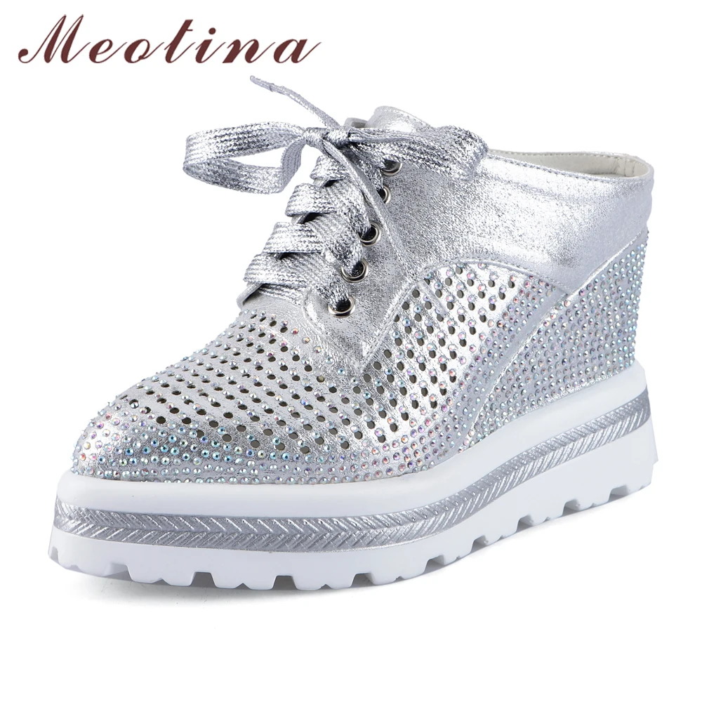 

Meotina Summer Slippers Women Shoes Rhinestone Platform Wedge High Heels Shoes Lace Up Pointed Toe Slides Ladies Sandals Gold 39