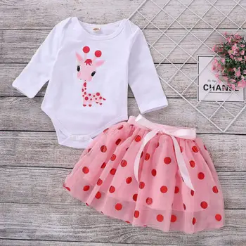 

2018 Newborn Baby Girl Outfit Clothes Cartoon Giraffe Long Sleeve Tops Bodysuit+Dot Pink Tulle Tutu Skirt Cute Princess Baby Set
