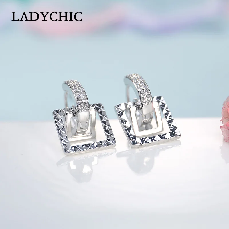 

LADYCHIC Fashion Design Square Shape Movable Hoop Earrings Paved Cubic Zirconia Crystal Stone Women Earring Jewelry LE1016