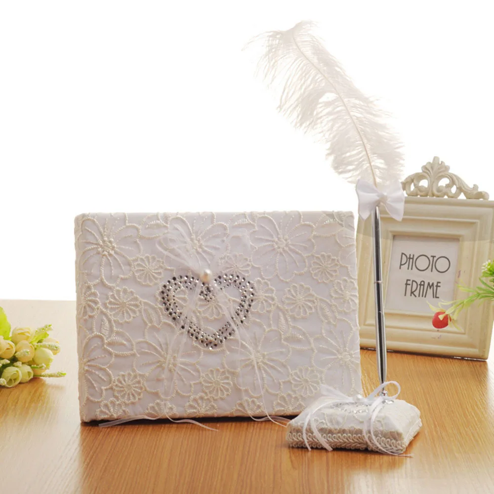 

2018 New Wedding Party Ostrich Feather White Quill Guest Signing Pen with Holder and Lace Book Signature Guestbook Album gifts