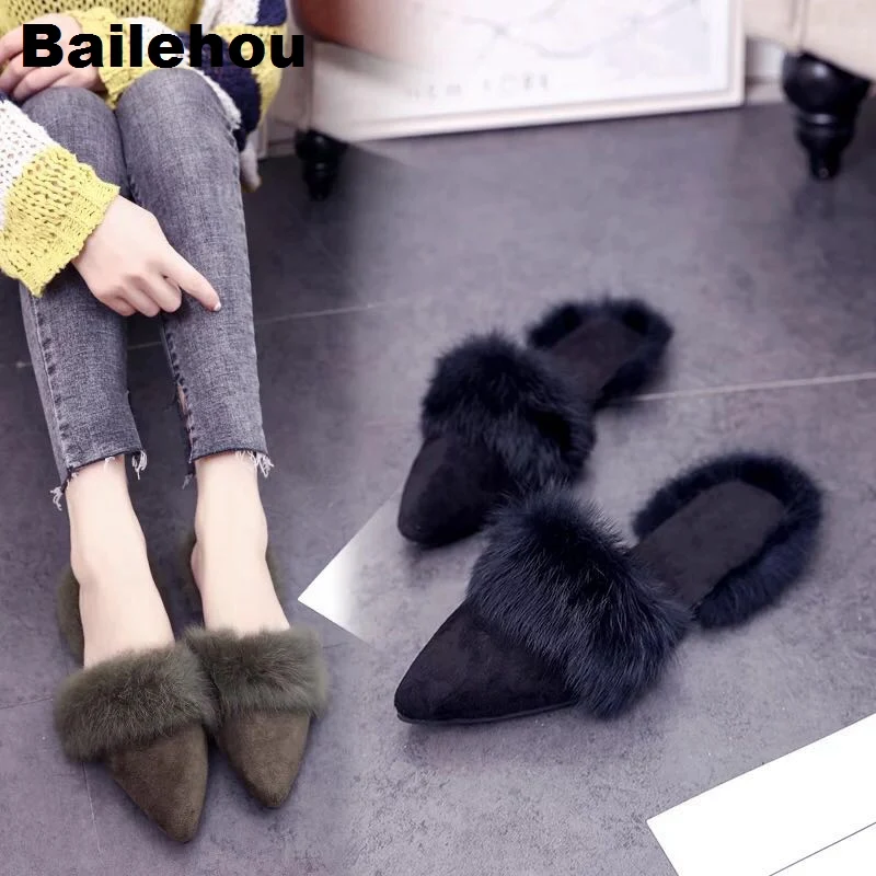 

Bailehou Fashion Women Fur Slippers Flat Women Casual Shoes Suede Plush Mule Shoes Outdoor Slide Autumn Low Heel Slipper Female