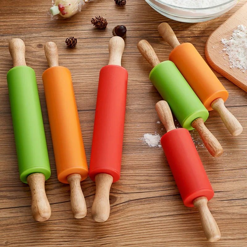 23cm Wood Handle Silicone Rolling Pins Small Dough Pastry Roller Stick for Kids Baking Cooking Tools Kitchen Accessories (7)
