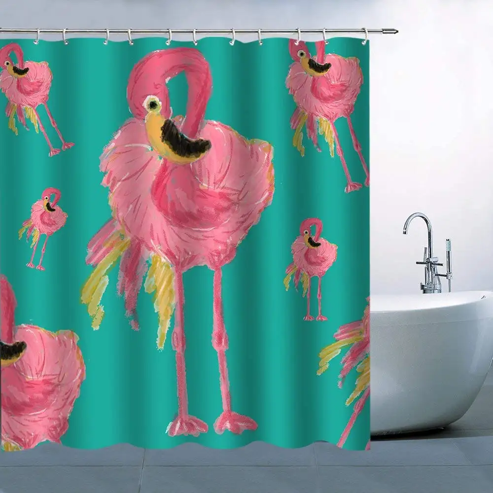 Personality Bird Flamingo Pattern Theme Shower Curtain Beautiful Lovely Yellow Pink Flamingos Green Background Waterproof | Дом и сад