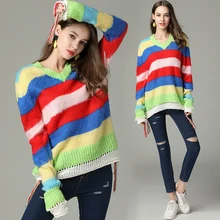  Women's Classic Jumper Loose Colorful Rainbow Sweater Fashion Striped Color Block Patchwork Long Sleeve V-Neck Knitted Tops
