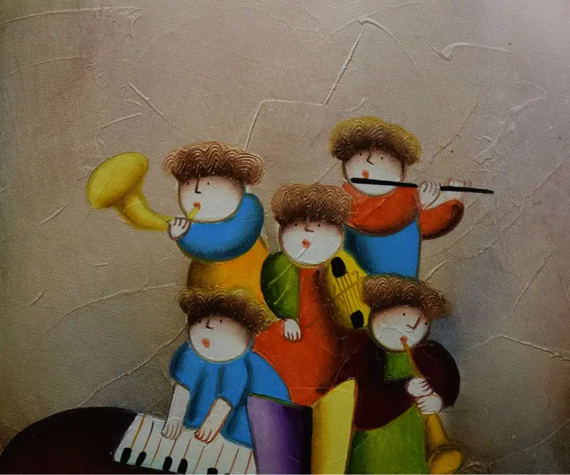 

100% Hand Painted Cartoon Oil Painting on Canvas Modern Cartoon Children Play Instrument Wall Art Picture for Living Room Decor