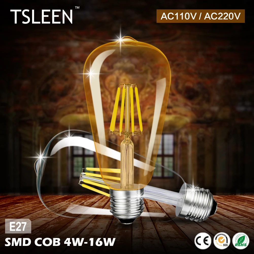 Дешевые Эдисон светодиодный светильник 220V E27 ST64 нити 110V лампочки Эдисона Ретро