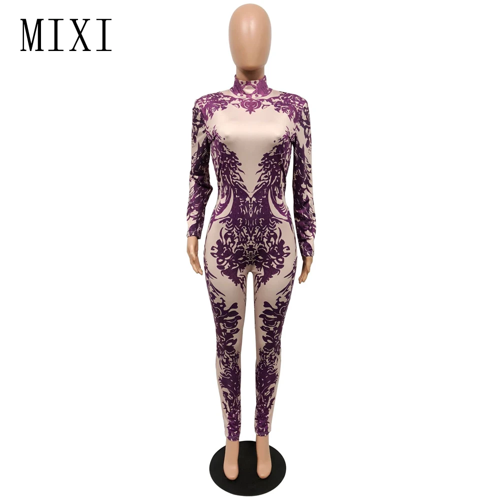 MIXI Winter Vintage Printed Jumpsuits Turtleneck Long Sleeve Night Club Rompers Womens Jumpsuit Skinny Long Pants Party Overalls