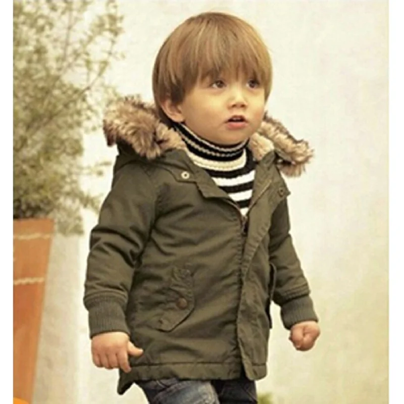 2018 Baby Boys Winter Jacket in Army Green Thick Removable Fur Hooded Warm Coats Kids Boys Padded Winter Warm Outwear with CS036