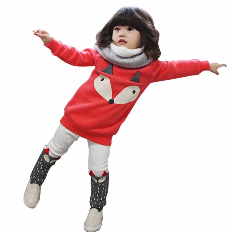 

Baby Girls Clothing Set 2018 Autumn & Winter New Cartoon Lovely Children's Clothing Thick Long Sleeve Fox Tops + Pants 2 PCS Set