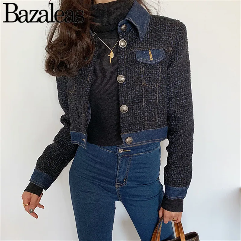 Bazaleas harajuku, укороченное Женское пальто, женская куртка в стиле пэчворк, модные эластичные пальто с карманами, Повседневная Верхняя одежда на пуговицах