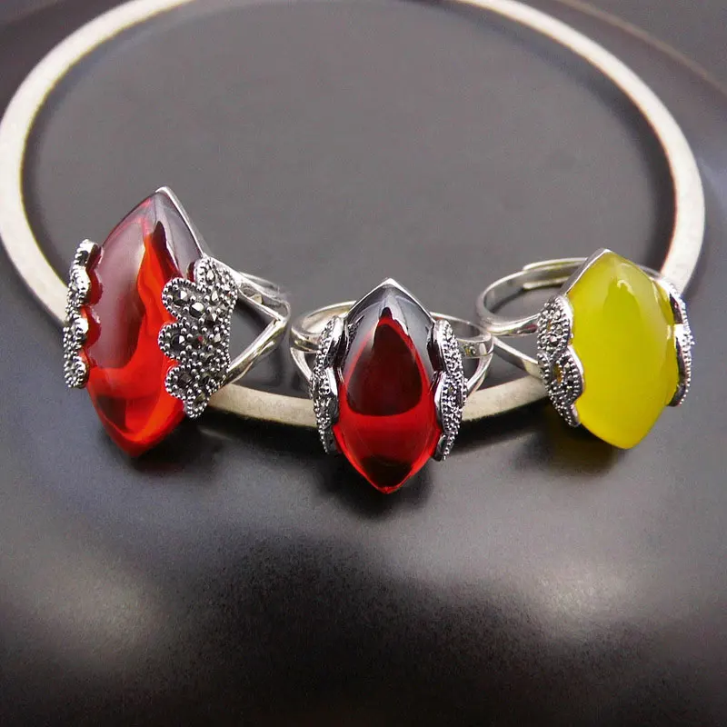 

925 Silver Fashion Ring Natural Yellow Stone Pure S925 Sterling Solid Silver Rings for Women Jewelry Adjustable Size Red Zircon