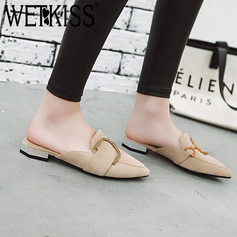 

WETKISS Plus Size 32-48 Flock Slippers Women Pointed Toe Footwear Crystal Slides Shoes Female Low Heels Mules Shoes Woman 2019
