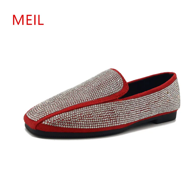 

Summer Red Loafers Ladies Flat Shoes Women Mules Rhinestone Bling Footwear Woman Female Nurse Flats Slip on Shoes for Women
