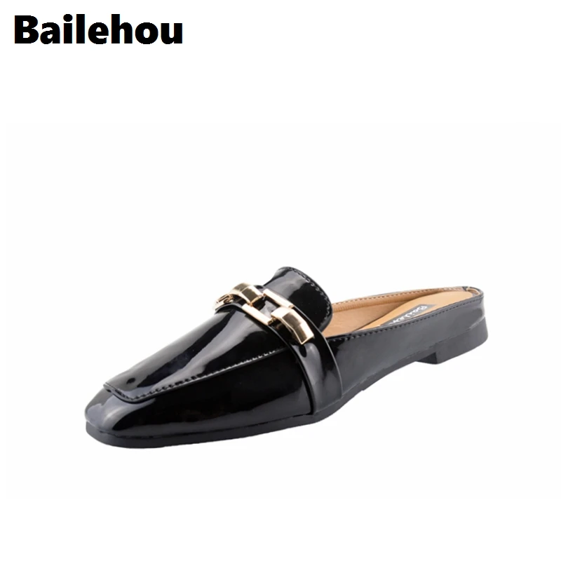 

Bailehou Fashion Women Pumps Casual Women Slides Square Toe Low Heels Mules Slip-on Slippers Chain Button Leisure Retro British
