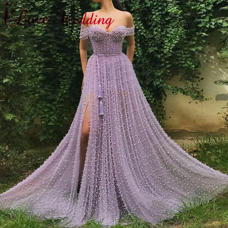 Robe De Soiree с открытыми плечами жемчужное кружевное вечернее платье сделанное ТРАПЕЦИЕВИДНОЕ торжественное платье вечернее платье