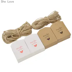 Она любит 100 шт. Сделано с любовью пустой крафт Бумага карты подарок тег Label DIY вечерние Свадебные Craft