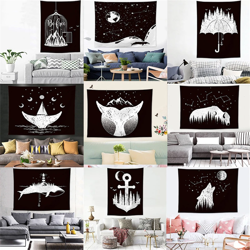 Ночной живописный креативный Гобелен Мандала настенный подвесной черный и белый