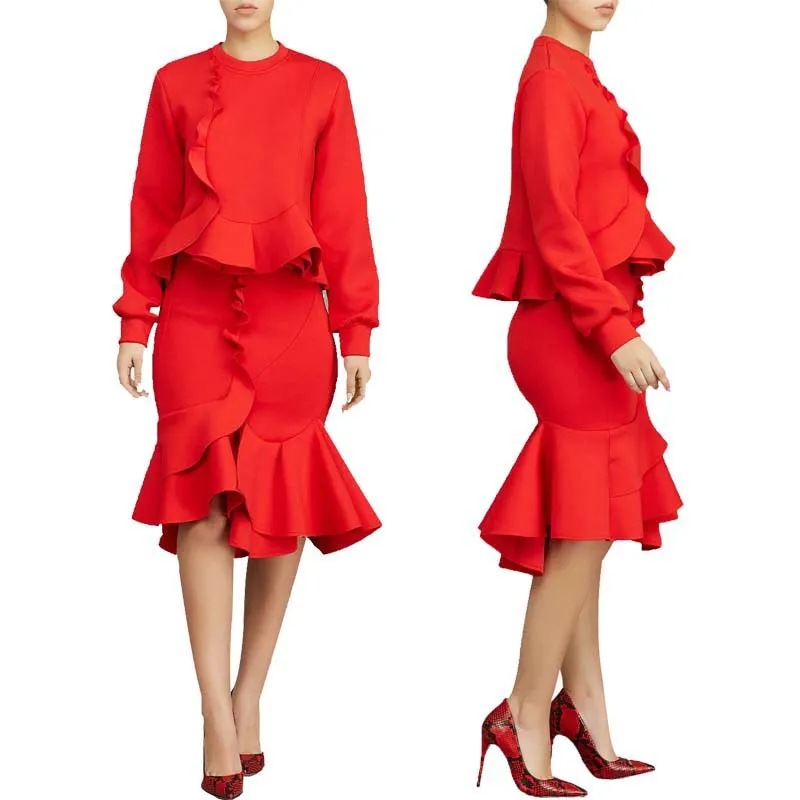 

New Autumn Two Piece Set Long Sleeve O-Neck Ruffles Irregular Mini Skirt Set Bodycon Elegant Party
