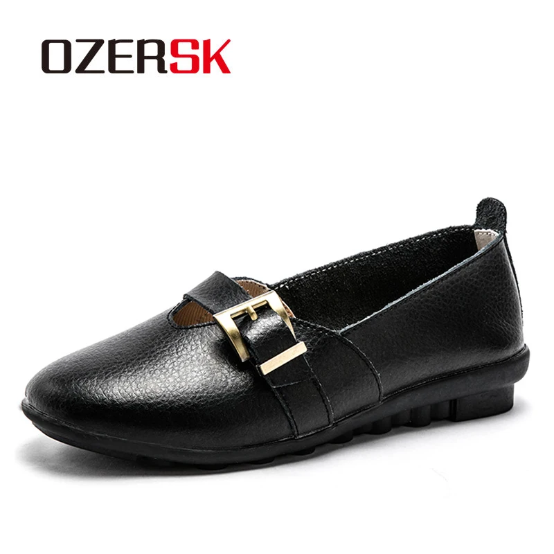 

OZERSK 35-44 Woman Loafer Shoes Lightweight Breathable Casual Solid Sneakers Genuine Leather Slip On Flats Single Hole Mum Shoes