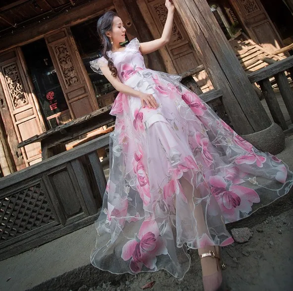 

2019 New Spring and Summer Women's Sweet Pink Flower Print Organza Dress Fairy V-neck Slim Sleeveless Maxi Long Dresses