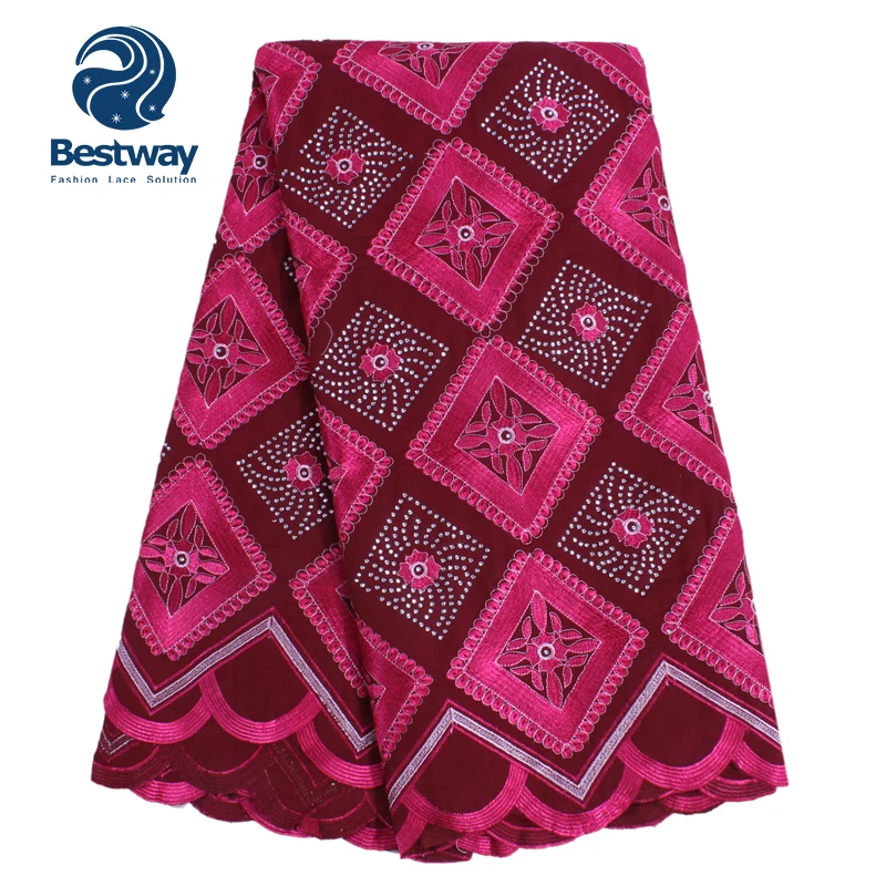 

Bestway HOT-FIX Soft Whole Cotton Swiss Voile Lace Fabric In Switzerland In Magenta Color African Fabric Rhinestones Lace