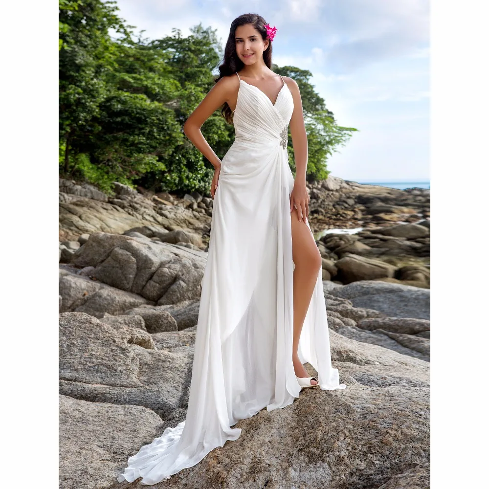 LAN TING BRIDE Sheath Column Wedding Dress V neck Sweep Brush Train