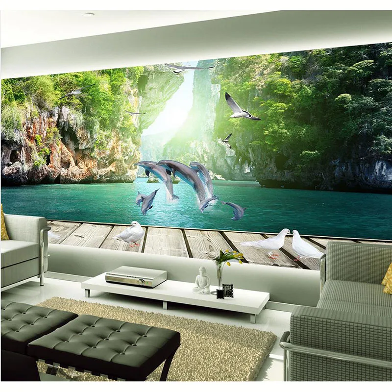 

Beautiful Wallpaper Art Decoration For Living Room TV Wall wallpaper Fresh Dolphins Seabirds 3D Murals Non-woven Wall Paper #250