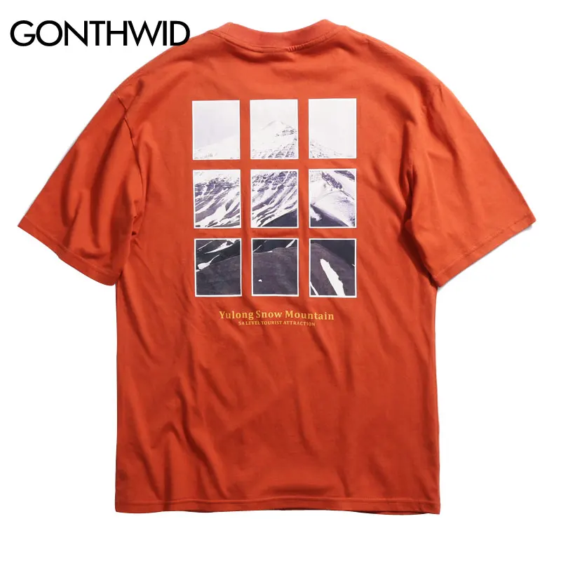 GONTHWID Snow Mountain Printed Streetwear T Shirts Men