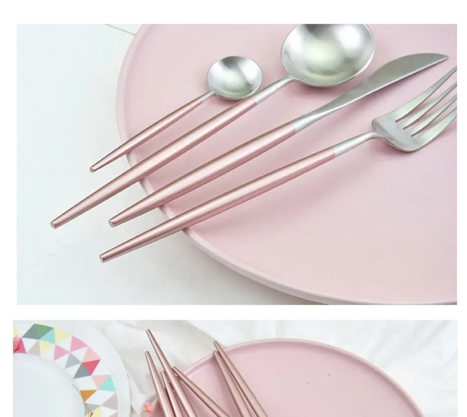 Chic Rose Gold Silver Dinnerware Set Stainless Steel Plating Knife Fork Tableware Cutlery Elegant European Western Food Set (8)