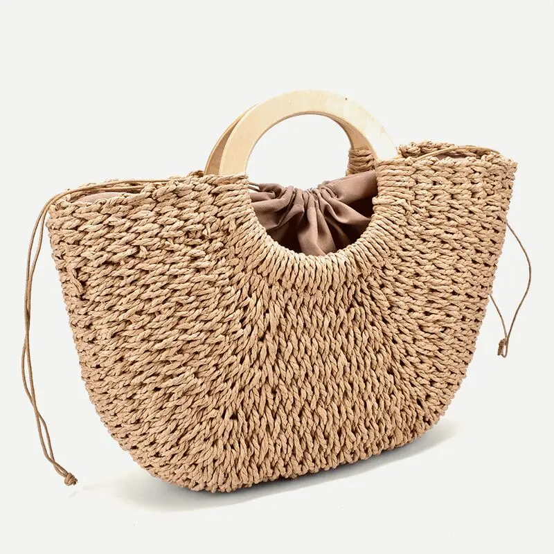 

Wooden handle round bucket straw bag handbags summer beach bag Plaited Detail Tote Bag With Drawstring