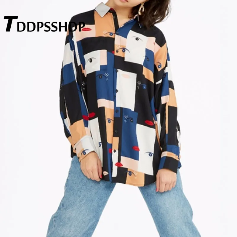 

Eyes Lip Grid Printing Women Blouse 2019 Spring Casual High Street Lapel Hit The Market Female Blouses