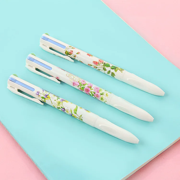 

1 x 4 in 1 colored ballpoint pen floral ball pens kawaii stationery canetas material escolar office school supplies