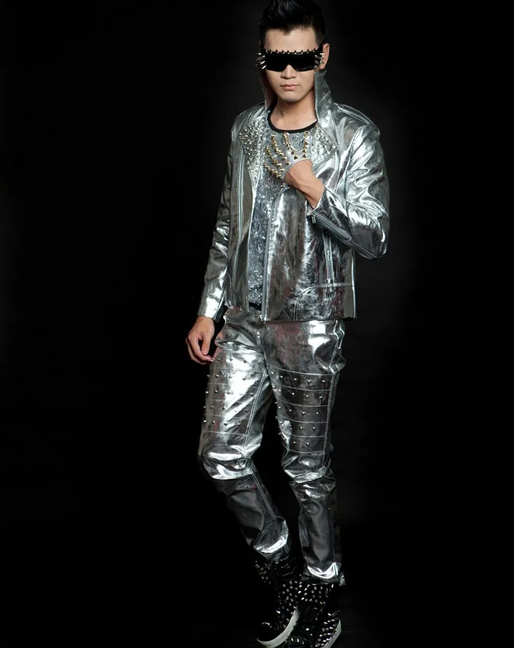 Мужская кожаная куртка с серебряными заклепками в байкерском стиле для ночного клуба, певица, Корейская куртка, костюмы для мужчин, певица, танцор, шоу, диджей, верхняя одежда, пальто, наряд