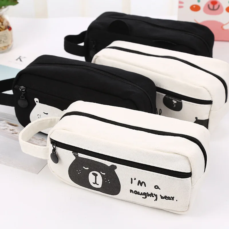 

Cute Kawaii Canvas Big Pencil Case Kawaii Cartoon Bear School Bags Pouch Pencil Box Korean Stationery Creative Gift